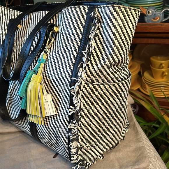 Brian Atwood Black & White Rafia Tote w Fringe Detail & Black Leather Straps